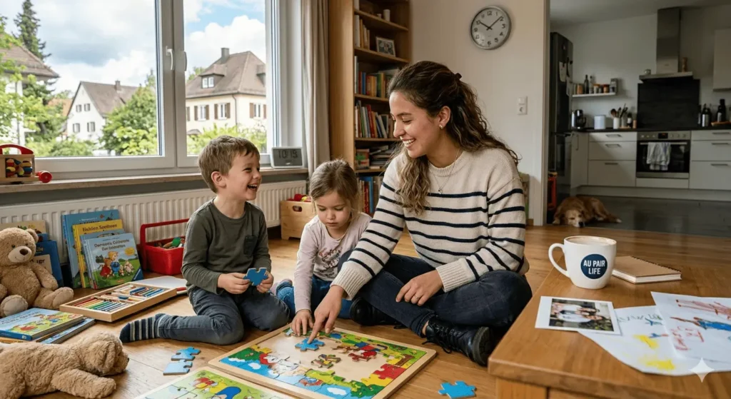 momentos de vida aupair en europa Momento de juego y aprendizaje entre una au pair y los niños de su familia anfitriona, capturando la esencia de la vida diaria aupair en Europa: rutina y experiencia real de aupair latina.